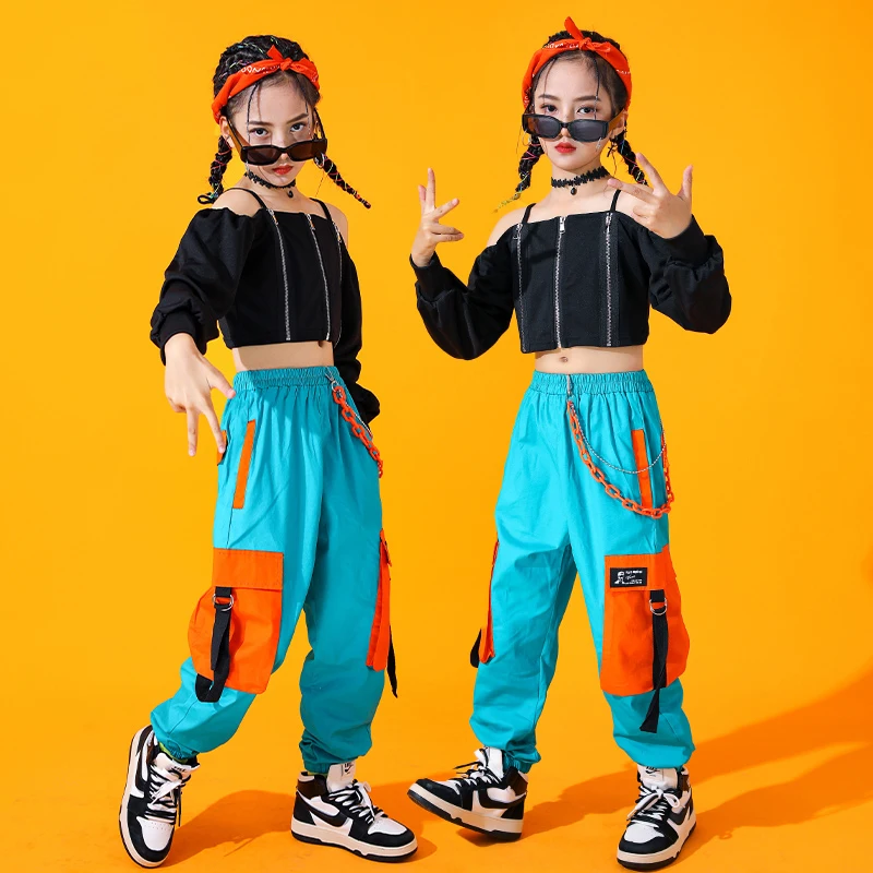 

Children Jazz Dance Costumes For Girls Black Crop Tops Cargo Pants Street Dance Wear Ballroom Hip Hop Dance Rave Clothes DQS8511