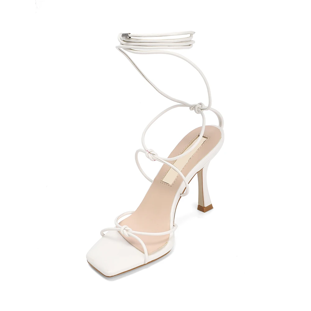 

High Heels Sandals Ankle Wrap Narrow Bands Women Sandals for Ladies White Square Toe 2022 New Cross Tied Sandalias Female Shoes