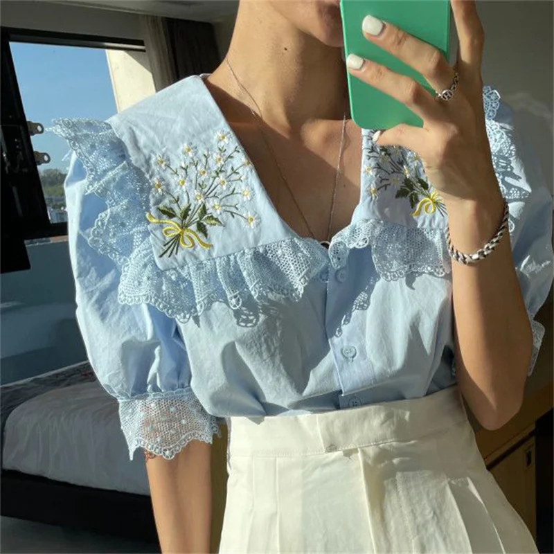 

Alien Kitty Summer Lady Elegant Sweet Femme Embroidery Retro Loose Vintage 2021 New Hot Blouses Chic Short Sleeve Shirts Tops