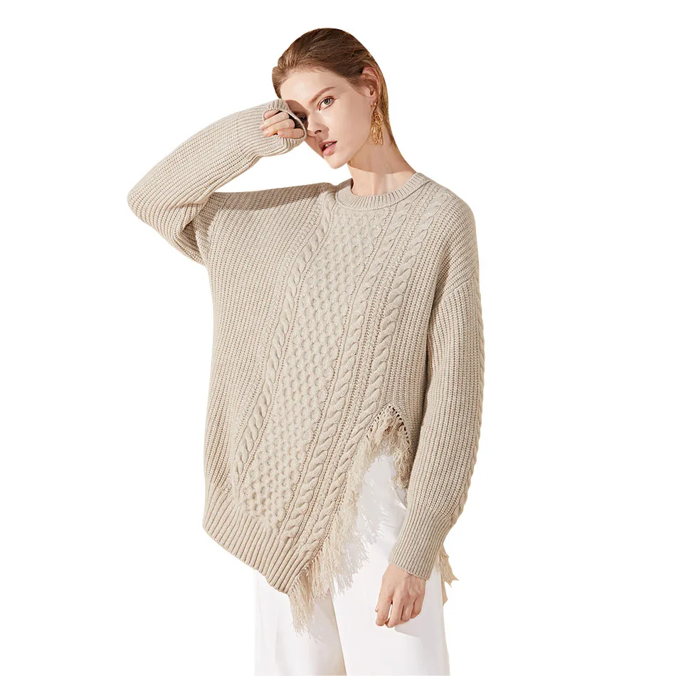 YJMY Inner Mongolian Cashmere Sweater Women Dropped Shoulder Tassel Side Slit Ribbed Cable Knit Winter in Slava Store