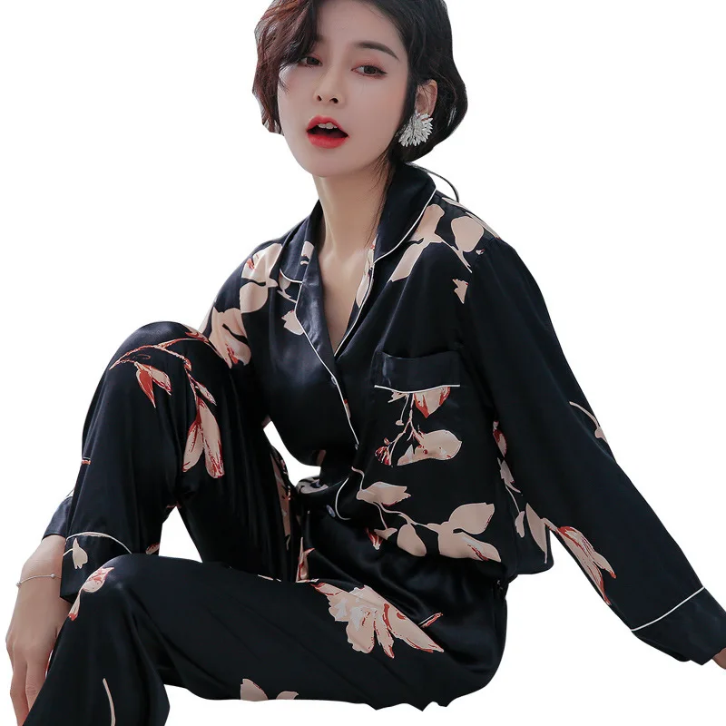 

New Product Ice Silk Pajamas Autumn Satin Color Ladies Long Sleeve Pijama Mujer Dormir Tops Night Suits for Women Nuisette Femme