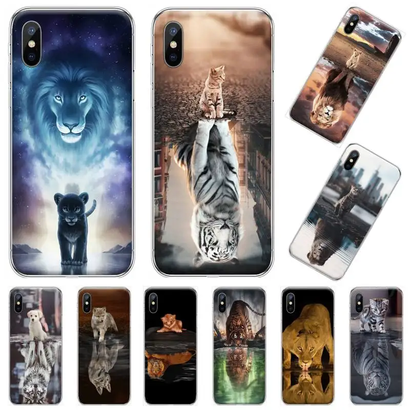 

Cat tiger dog lion reflection Phone Case Transparent soft For iphone 12 11 13 7 8 6 s plus x xs xr pro max mini