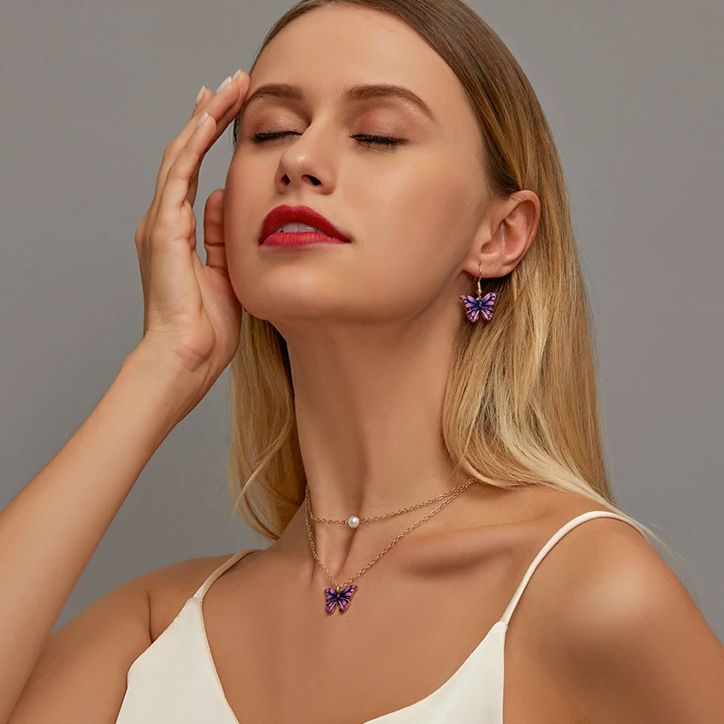 SOHOT Cute Trendy Colorful Enamel Butterfly Pendant Women Jewelry Set Romantic Double Necklace Earrings For Female Birthday Gift | Украшения