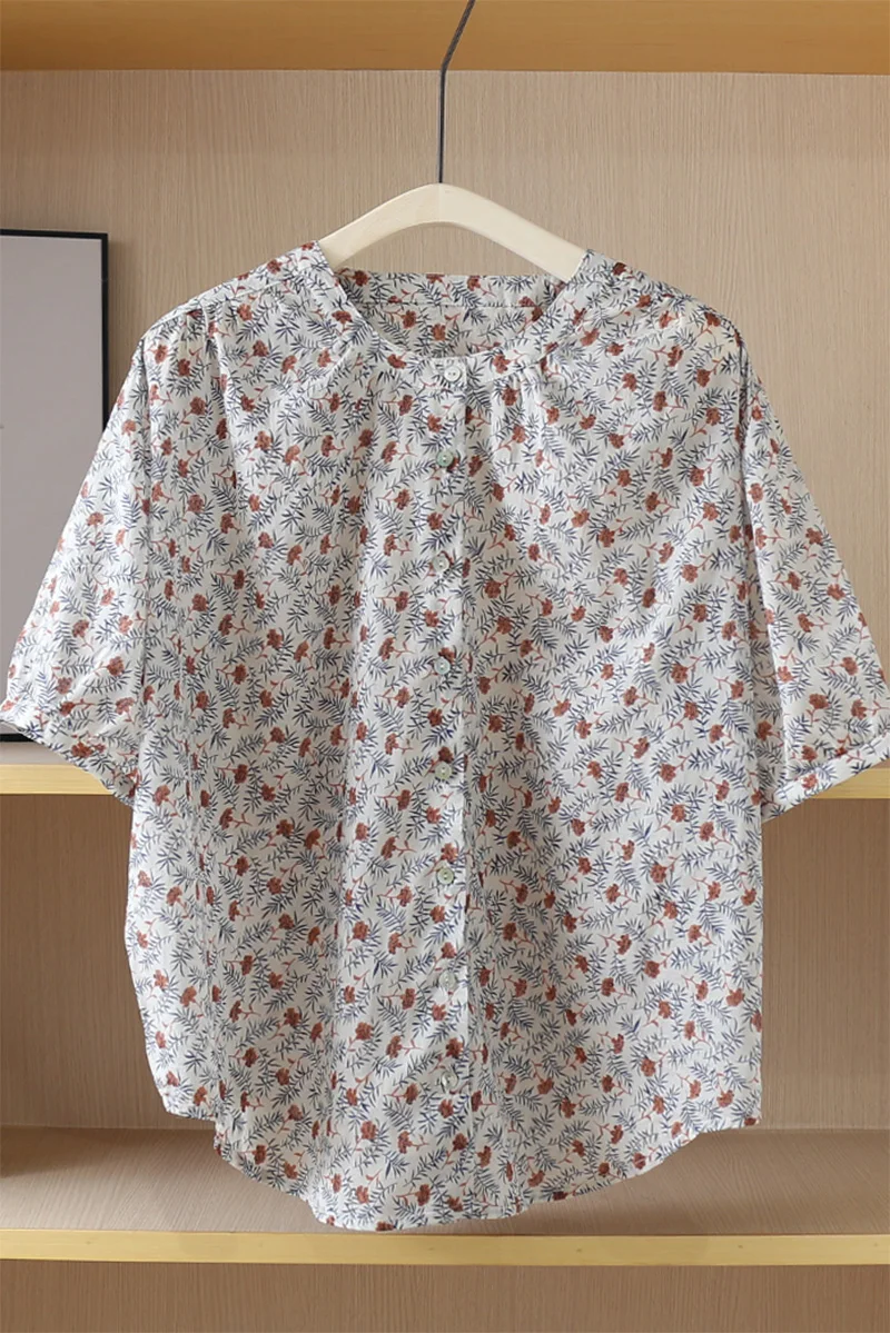 

summer new stand collar half sleeve shirt women top casual print shirt female
