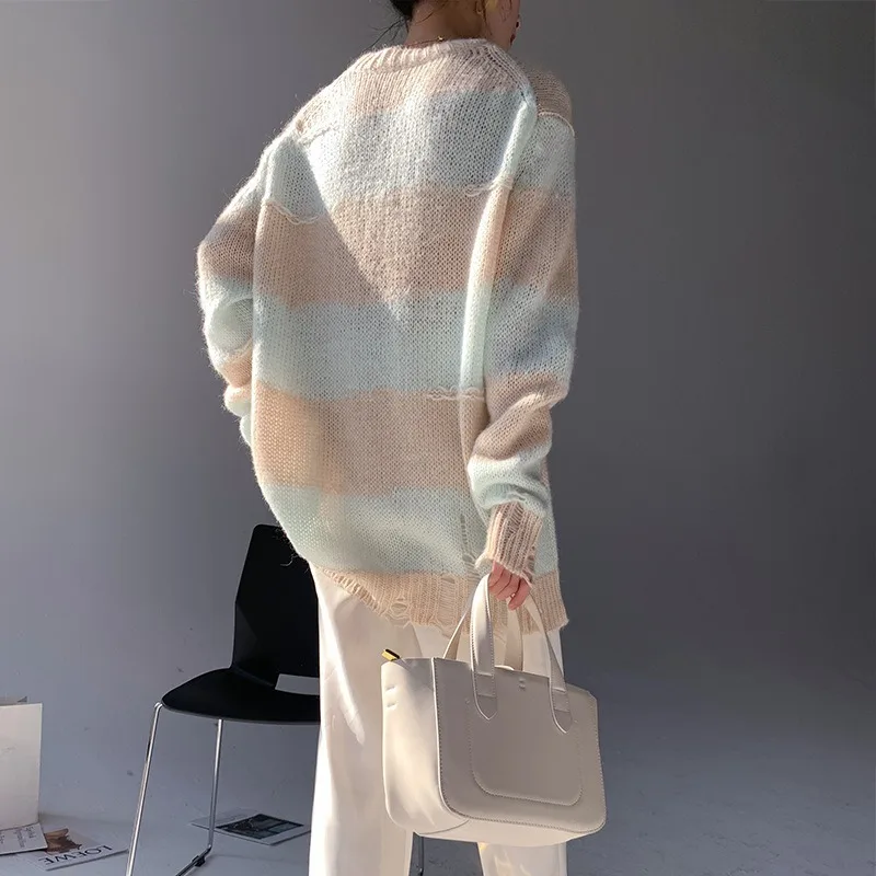 

Ice Cream Color 2021 Spring New Striped Mohair Sweater Women