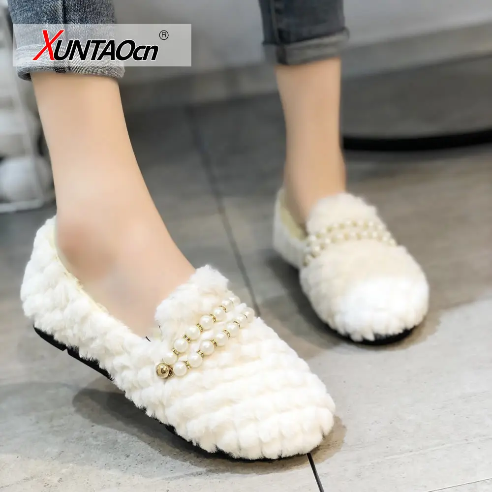 

Round Toe Slip On Shoes For Women Pearl Decorateion Women's Moccasins Loafers Fur Autumn Modis All-Match Female Footwear Casual