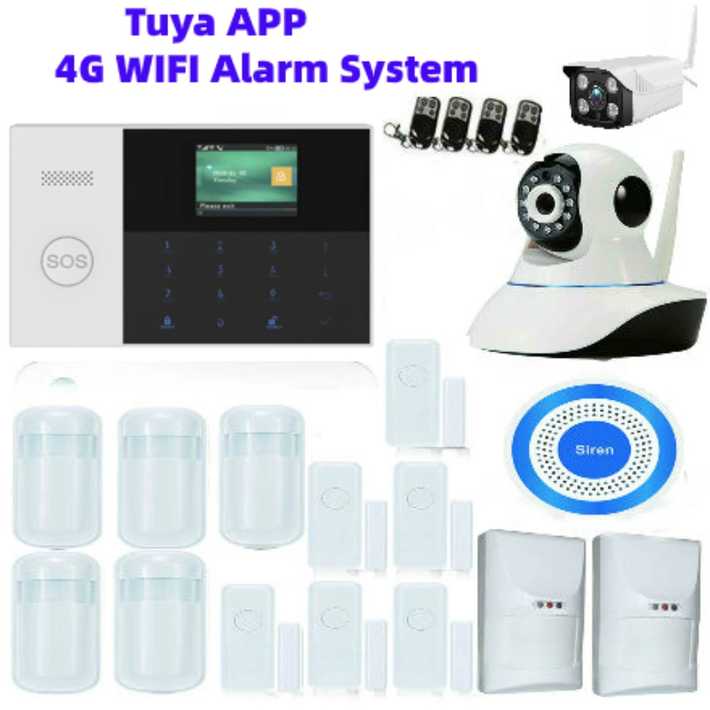 

Tuya APP Control 2.4 Inch SOS RFID WIFI 4G Network Home Burglar Alarm Security System Smoke Fire Sensor Video IP Camera 4G SIM