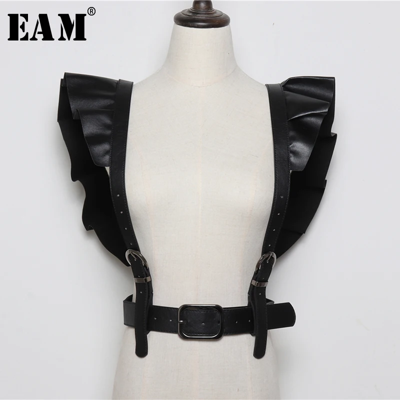 [EAM]  Pu Leather Black Buckle Ruffles Split Joint Wide Belt Personality Women New Fashion Tide All-match Spring 2023 1S544