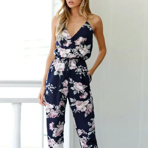 

Summer Women Ladies Playsuit Party Jumpsuit V Neck Floral Bandge Romper High Waist Long Trousers Pants Clubwear
