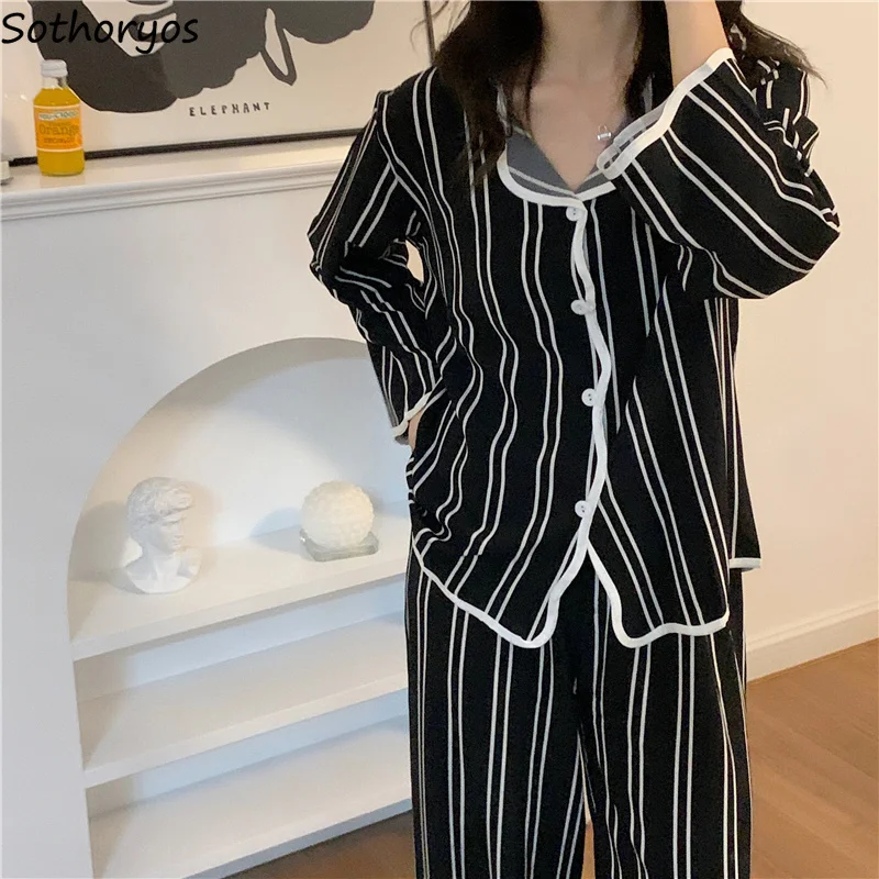 

Long Striped Pajama Sets Women Elegant Loose Straight Nightwear Spring Gentle Tender Soft Ins Stylish Sleepwear Chic Homewear