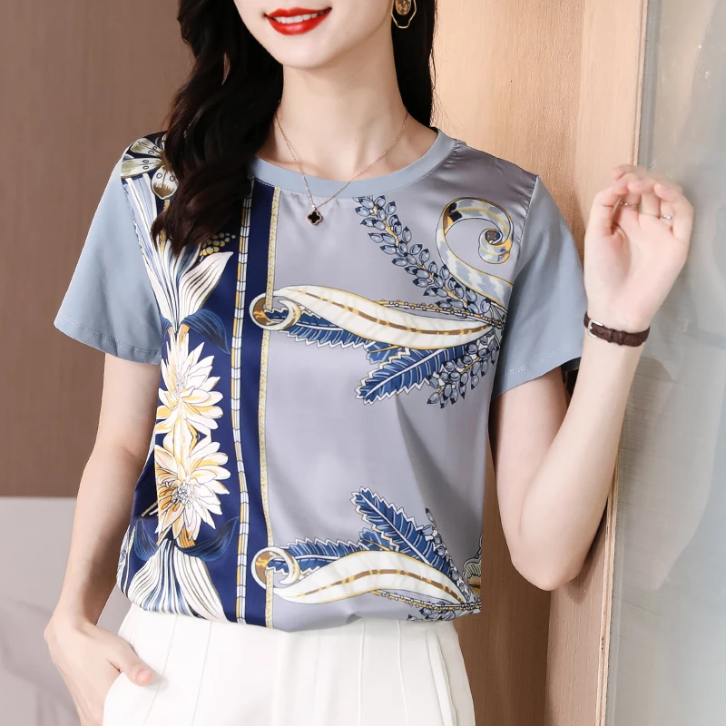 

Fashion Floral Print Blouse Pullover Ladies Silk Satin Blouses 2021 New Loose Round neck Vintage Print Casual Short Sleeve Tops