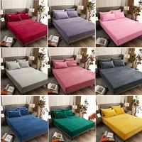 autumn winter mattress cover warm solid flannel fitted sheet mattress elastic soft queen king size bed sheet pillowcases 150x200
