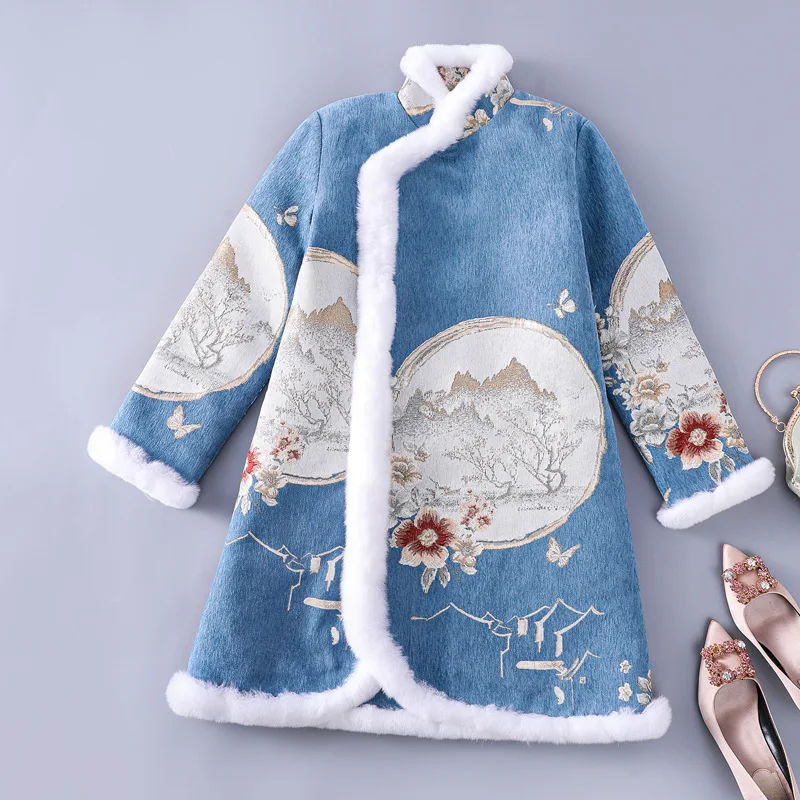 

2020 Winter New Retro Chinese Style Improved Cheongsam Coat Thick Warm Imitation Rabbit Hair Cotton Wool Girl Jacket