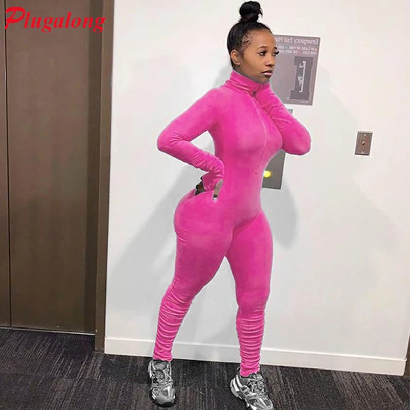 

Plugalong Ribbed Sporty Jumpsuits For Women Long Sleeve Bodysuits High Neck Zipper Up Solid Fitness Work Out Streetwear Autumn