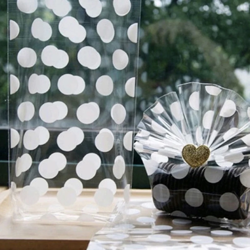 100 шт. прозрачные пластиковые подарочные пакеты в горошек для упаковки