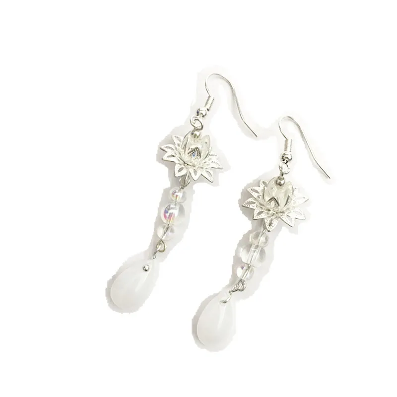 

Classical Hollow lotus crystal glaze Pendant Earrings Ancient Chinese Style Handwork Hanfu Ear Clip Super Fairy Accessories