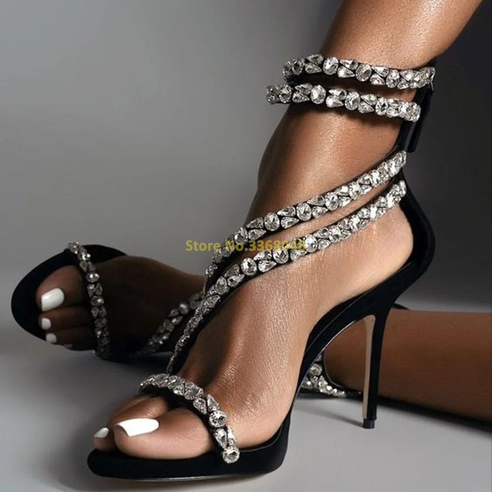 

5 Strap Open Toe Sandal Hand Embellished Crystal Detail Stones Back Zipper Closure Black Suede Upper Summer Shoes