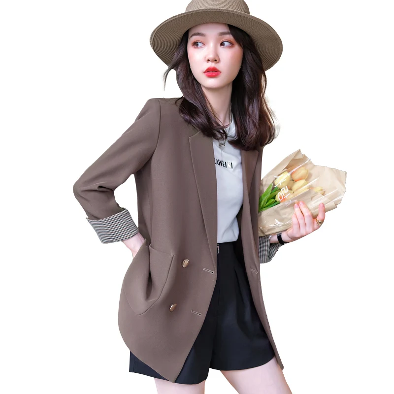

High Quality Fashion Autumn Winter Ladies Loose Blazer Women Green Coffee Black Double Breasted Jacket Coat With Real Pockets