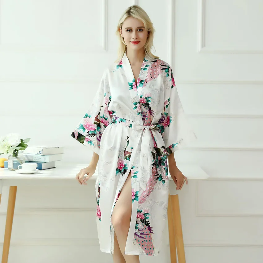 

Lady Sexy Costumes Japanese Kimono Yukata Dress with Belt Satin Silk Cardigan Pajamas Sleepwear Woman Smooth Bathing Robe Gown