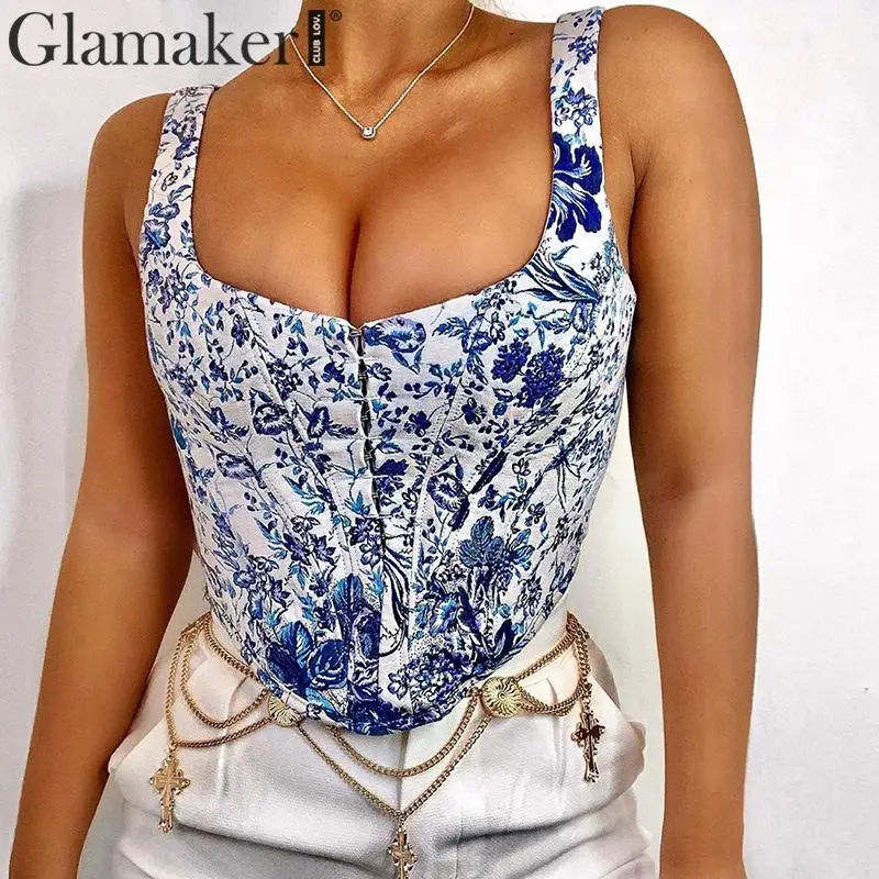 Glamaker Blue floral print vintage short tops Women sexy square neck tank cami top Female winter autumn short crop top shirt