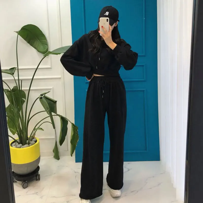 2020 Autumn Black Gray Tracksuit Pants Suit Women Two-piece set Hoodies Casual Sporting Coat Top+Bell-bottomed Sets BW356 | Женская