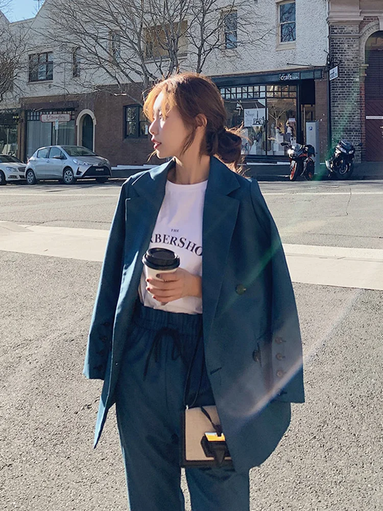 Женские костюмы в Корейском стиле свободное повседневное однотонное синее