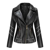 2021 autumn women pu faux leather jacket zipper up turn down collar short jacket black biker coat slim jacket fashion streetwear