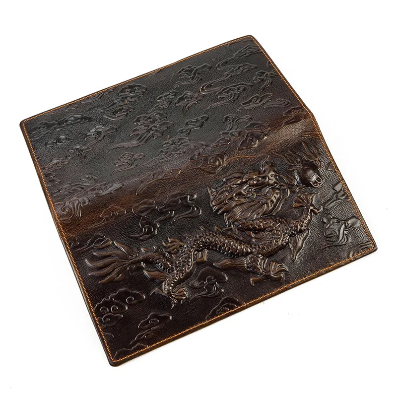 Мужской винтажный кошелек из натуральной кожи с драконом коричневый Длинный