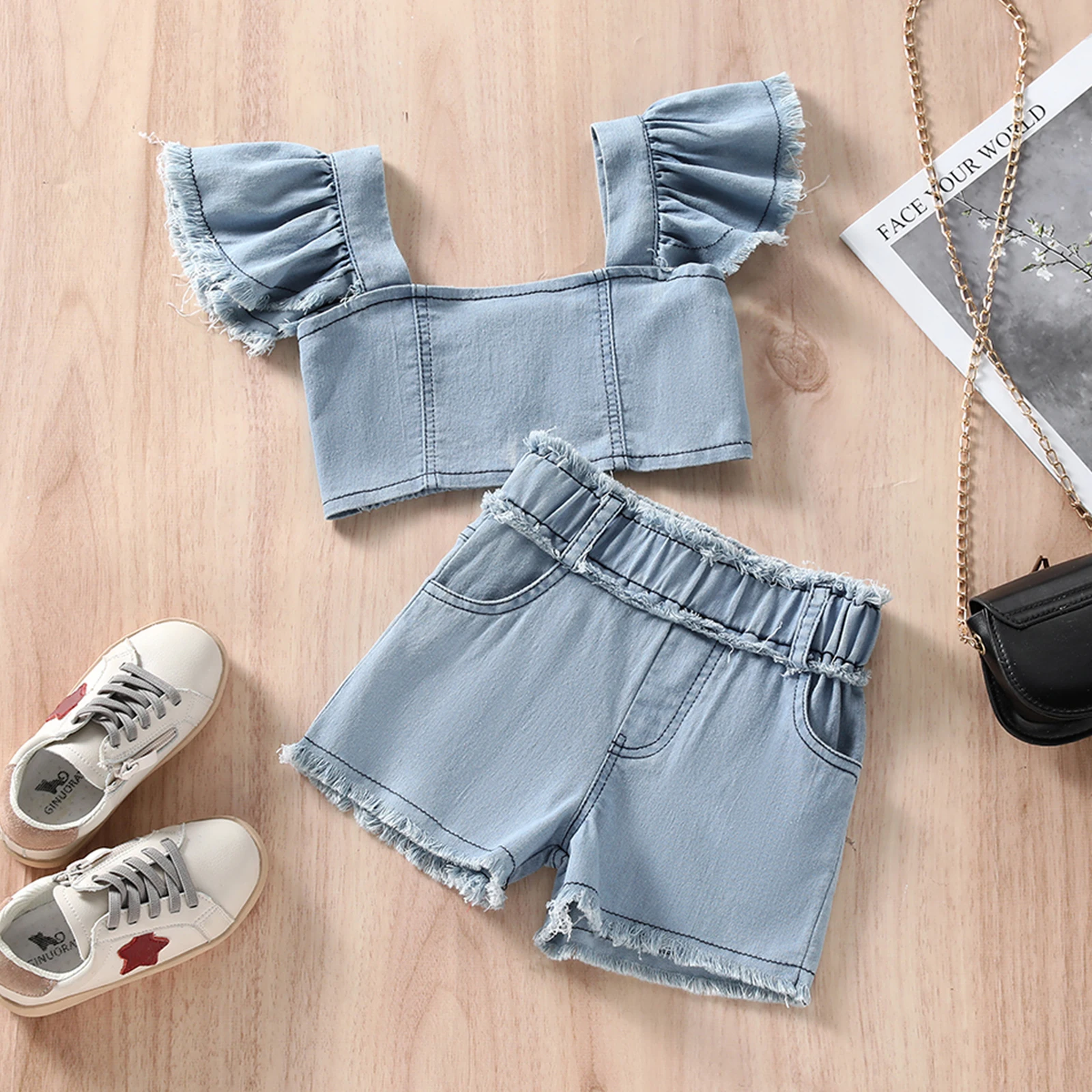 1-6 Y Girls Summer Clothes Blue Denim Outfit Fly Sleeve Solid Color Square Neck Crop Tops+Loose Short Pants Kids Clothing