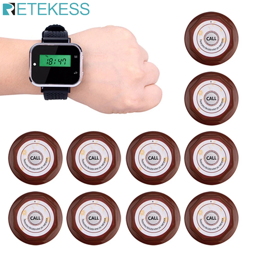 Беспроводная система вызова ресторана Retekess пейджер приемник часов + 10 шт. Кнопка