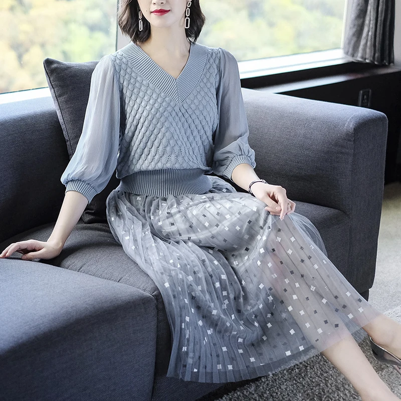 Новые осенние элегантные женские комплекты одежды шикарный вязаный свитер с