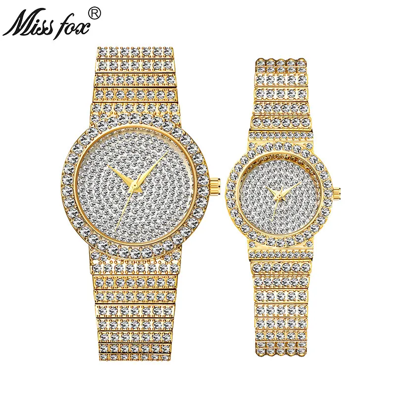 MISSFOX Топ бренд Роскошные парные часы с бриллиантами для мужчин/женщин кварцевые