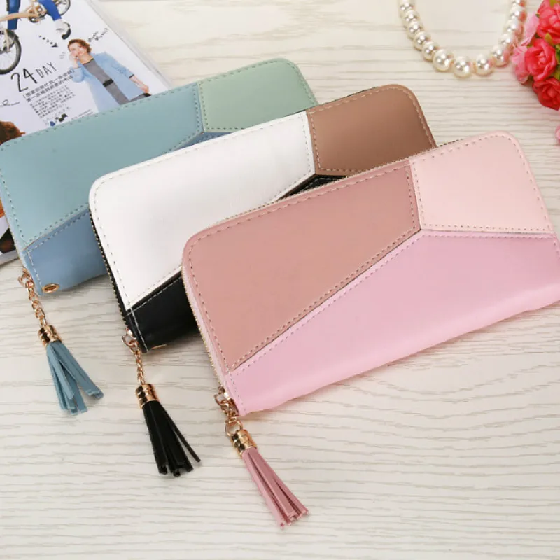 

New Fashion Women Wallets Long Color Contrast Clutch Bag Large Capacity Zipper Wallet Mobile Phone Bag Standard Wallets PU