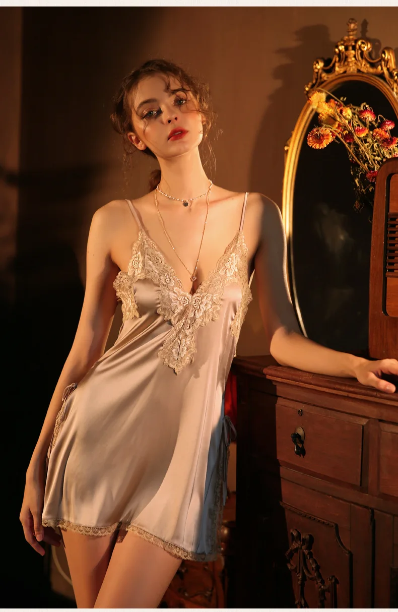 

Creation 202 New Women's Sexy Nightdress with Lace Embroidery Deep V Open Back Slit Suspender Nightdress for Women's Home Wear P