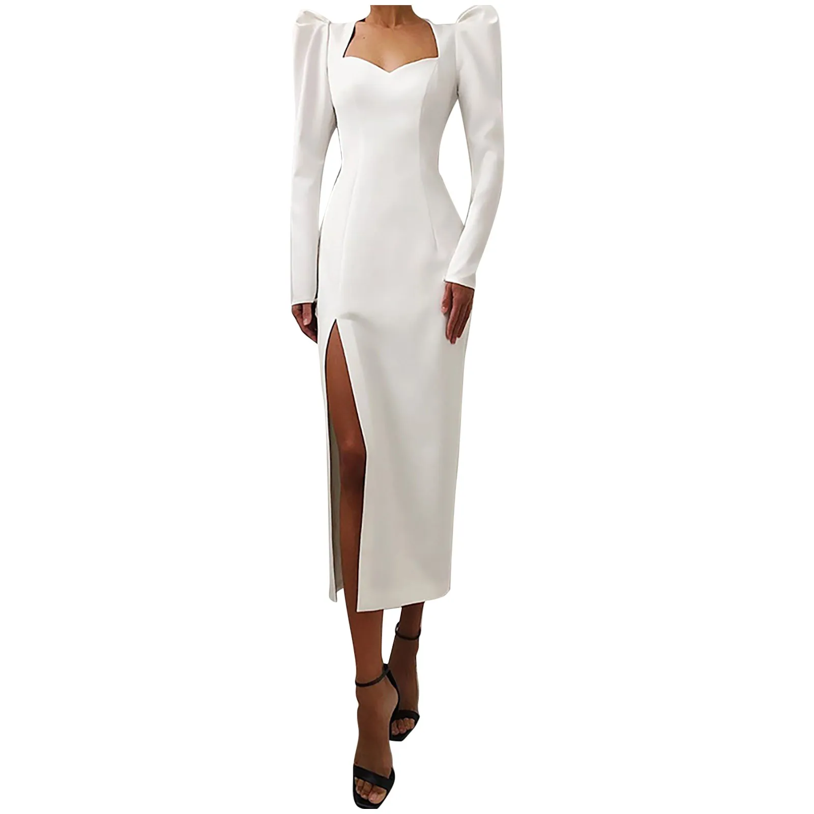 

Women's Solid Color Waist Pullover Puff Sleeve Plaid Split Long Sleeve Dress Elegant Party Temperament Dresses Vestido De Mujer