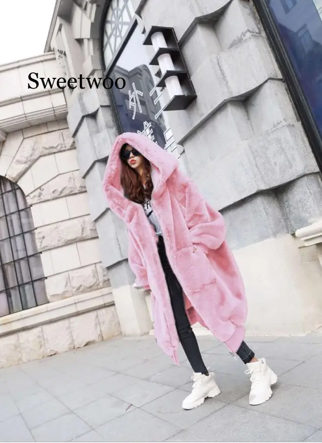 Winter Warm hooded Large size Long Solid color Faux Fur Coat New Casual Long sleeve Women Fur Jacket Outwear Oversized