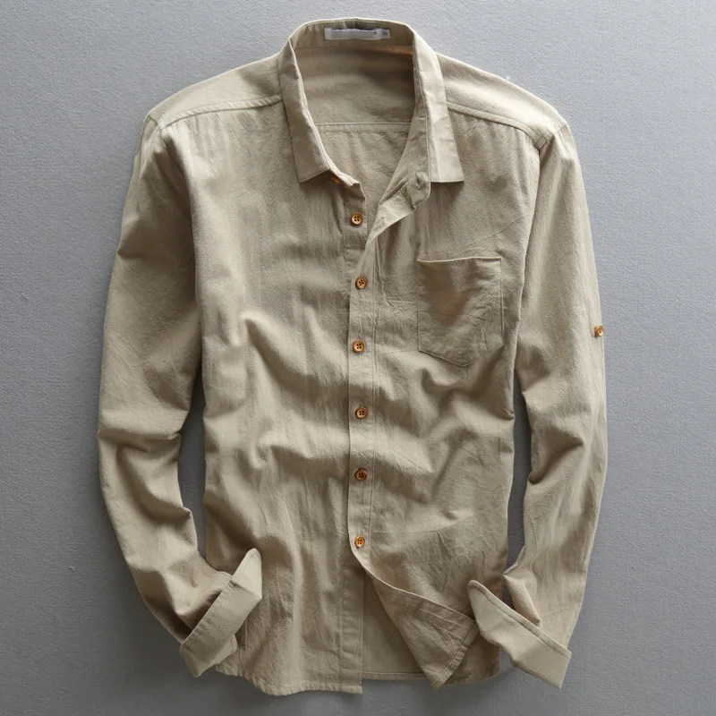 Льняные рубашки с длинным рукавом из хлопка приталенные отложным воротником