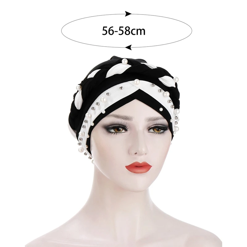 

Headscarf Cap Monochrome Braid Nailwhite Pearl Muslim Pleated Indian Hat Women Stretchable Patched Lady Scarf Turban