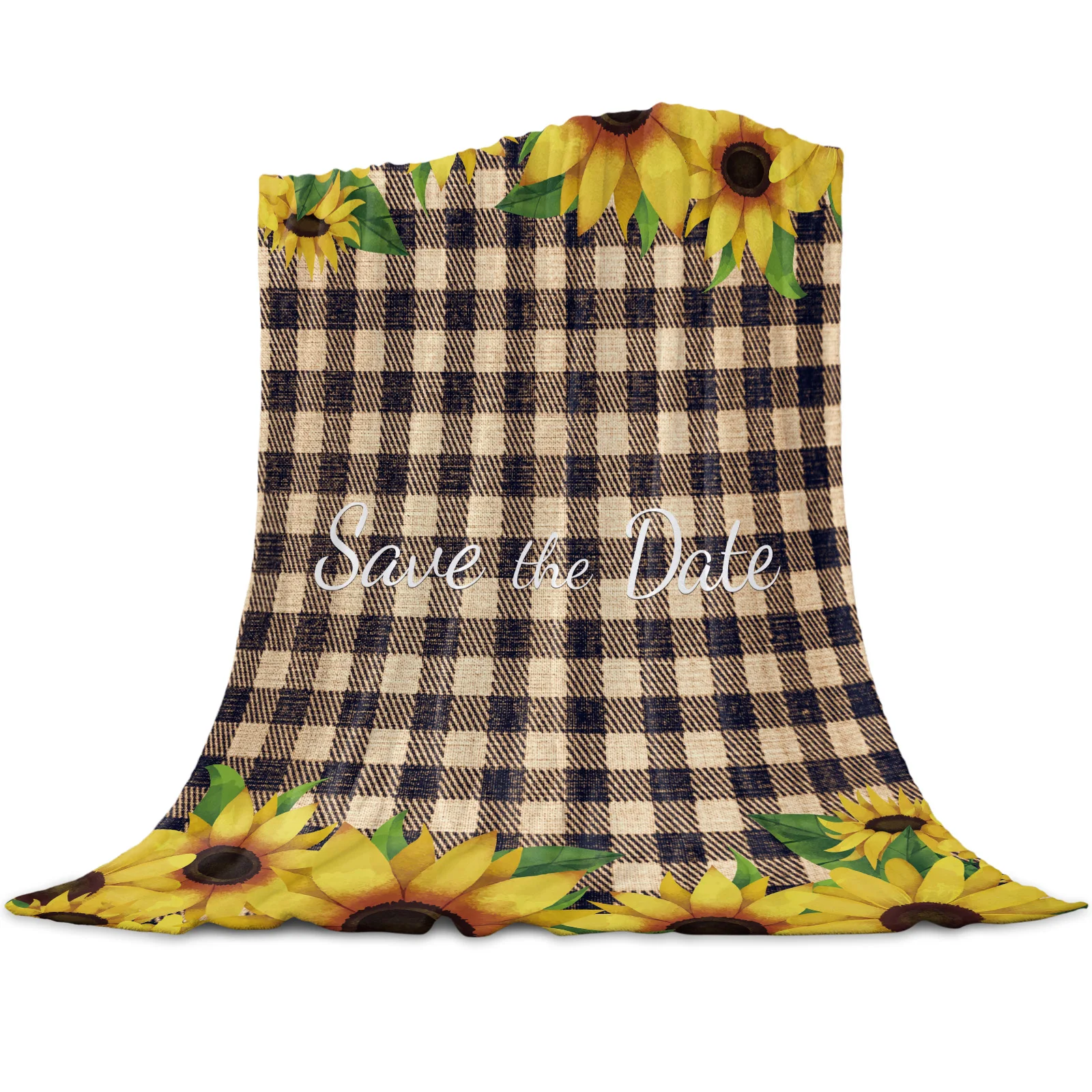 

Sunflower Leaves Checkered Retro Blankets for Beds Home Bedspread Travel Flannel Blanket Throw Blanket for Sofa