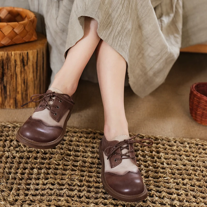 spesifikasi Sepatu Desainer 2021 Sepatu Oxford Bertali Sepatu Kulit Buatan Tangan Retro Blok Warna Coklat/Hitam
