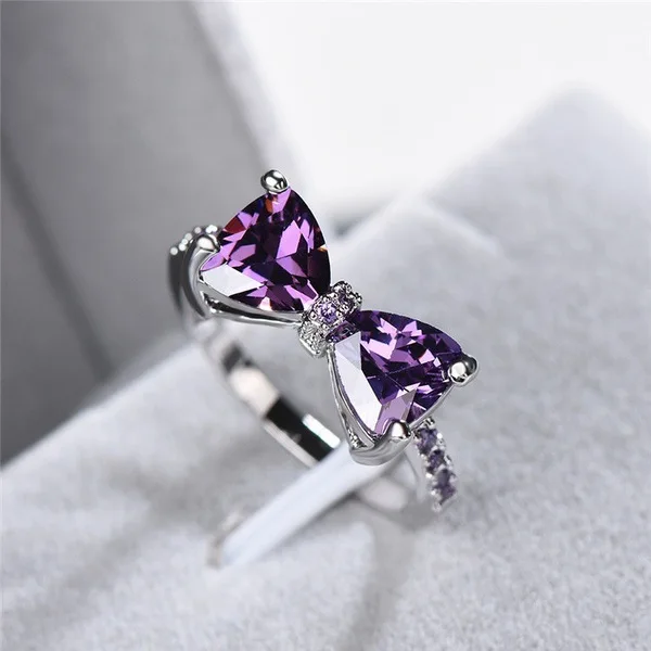 

Milangirl Rings For Women Girls Purple Crystal Romantic Bowknot Ring Lovely Cute Fashion Jewelry Party Daily