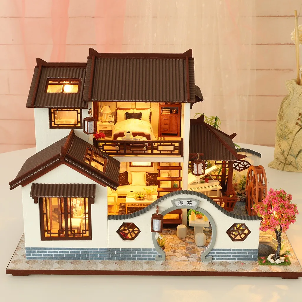 Большой 3d деревянные кукольные домики Миниатюрный Кукольный Домик Diy с мебели светодиодный свет дом Мечта в древнем городе девушки подарок на день рождения