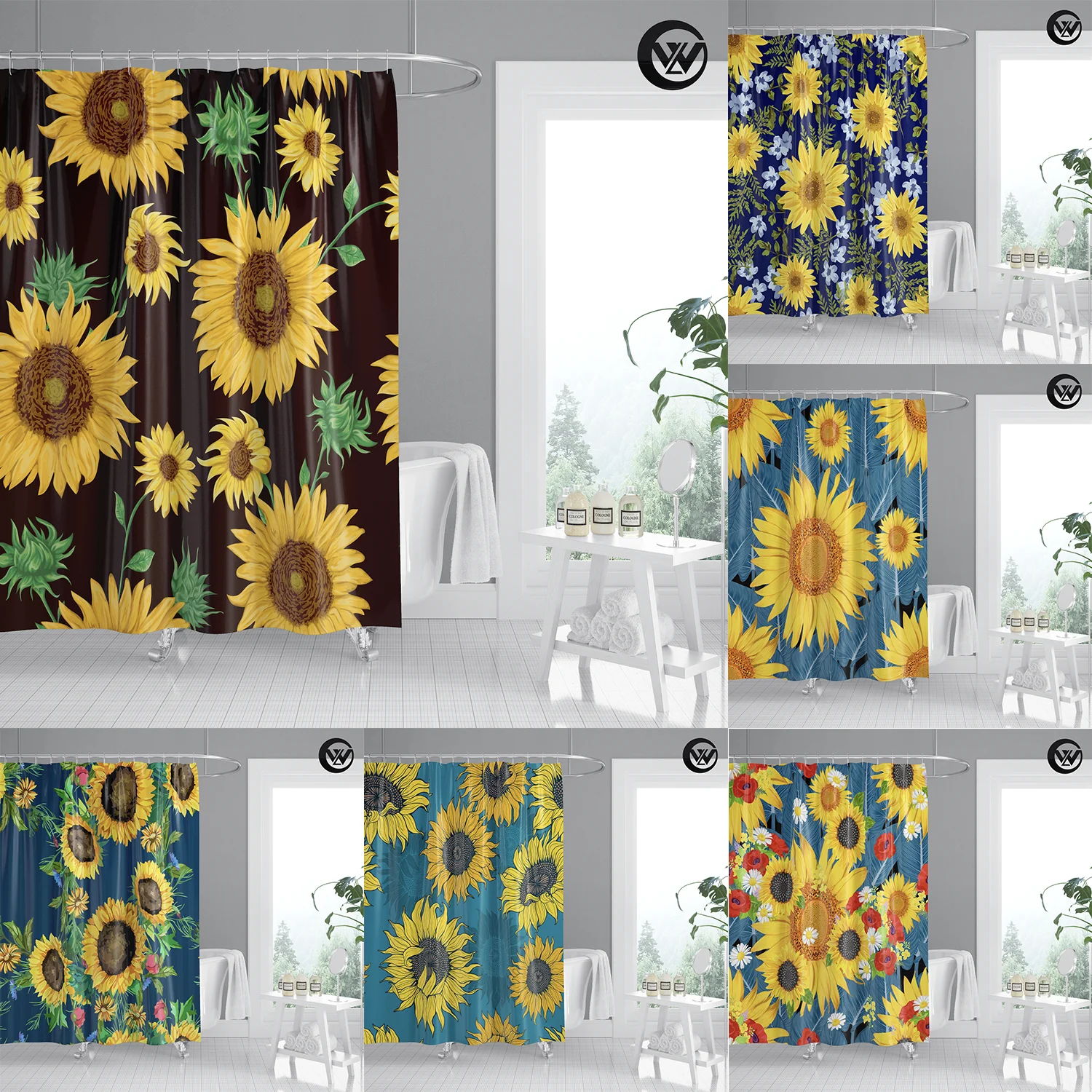 

Nordic Polyester Sunflower Farmhouse Waterproof Shower Curtains, Mildew Resistant Printed Flower Black Hotel Bathroom Curtain/