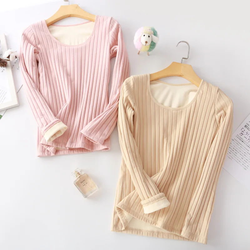 EliFashion New Velvet Thick Winter Round Neck Pit Strip Long-sleeve Bottoming Shirt Thermal Female Underwear Cold Protection Top