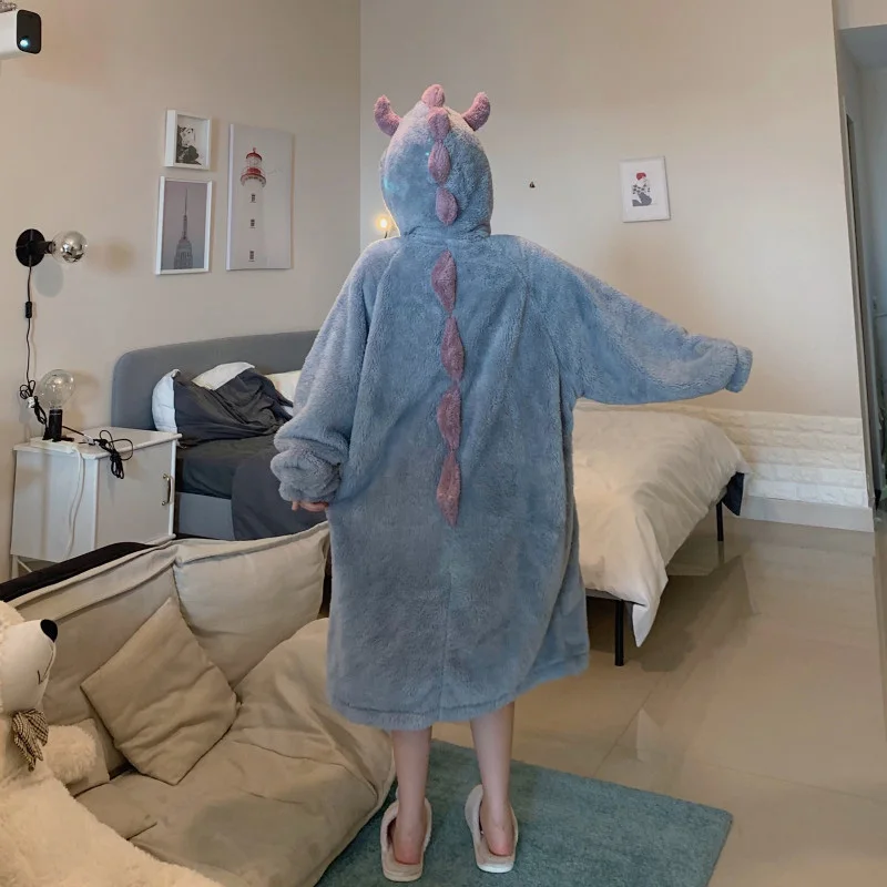 Winter Nightgown Dress Girl Kawaii Cartoon Hooded Coral Fleece Thicken Keep Warm Single Breasted Full Sleeve Cute Pajamas Women