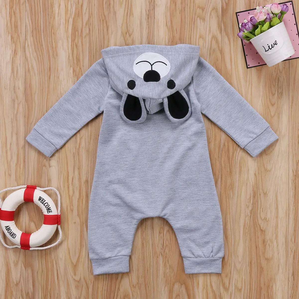 

Cute Bear Baby Rompers Newborn Infants Boys Girls Hooded Zippper Jumpsuit Outfit Clothes With Pocket for Age 0-24Months