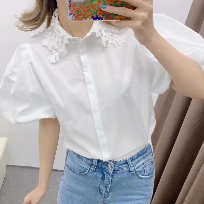 

Camisa Social 2021 Spring Chic Puff Sleeve Women Shirts Solid Sweet Blusas New Vintage Chic Lace Hook Flower Collar Blouse s m l