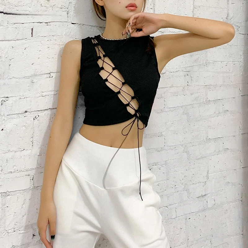 Women's Fashion Sexy Round Neck Hollow Band Short Vest Black