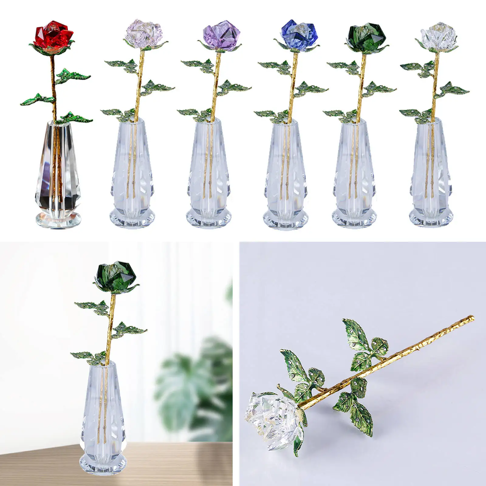 

Unique Crystal Glass Rose Crystal Flower Beautiful with Vase Colorful for Christmas Decor