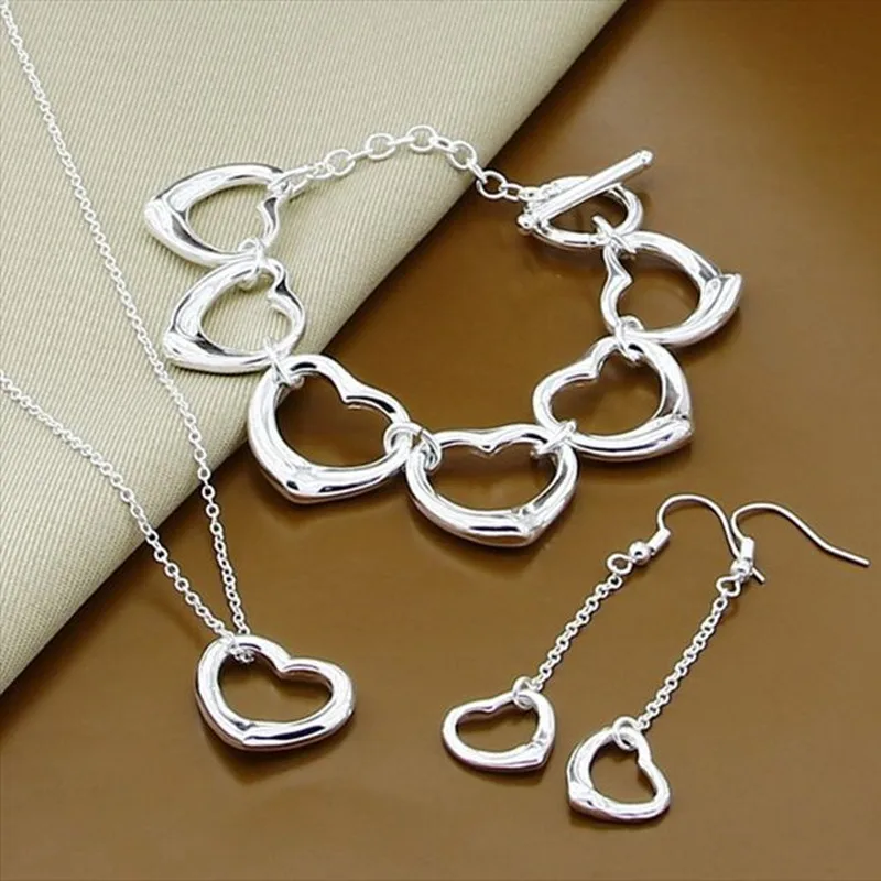 

925 Sterling Silver Heart Necklace Bracelet Earring Ring Set For Woman Wedding Engagement Fashion Jewelry Gift